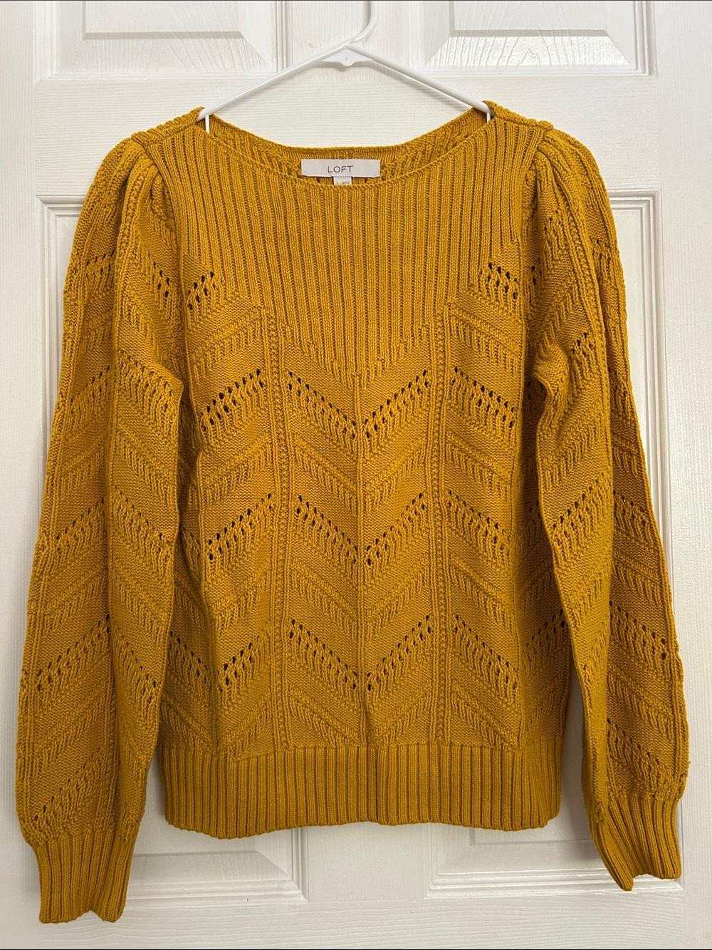 LOFT Golden Mustard Chevron Pointelle Crewneck Sweater